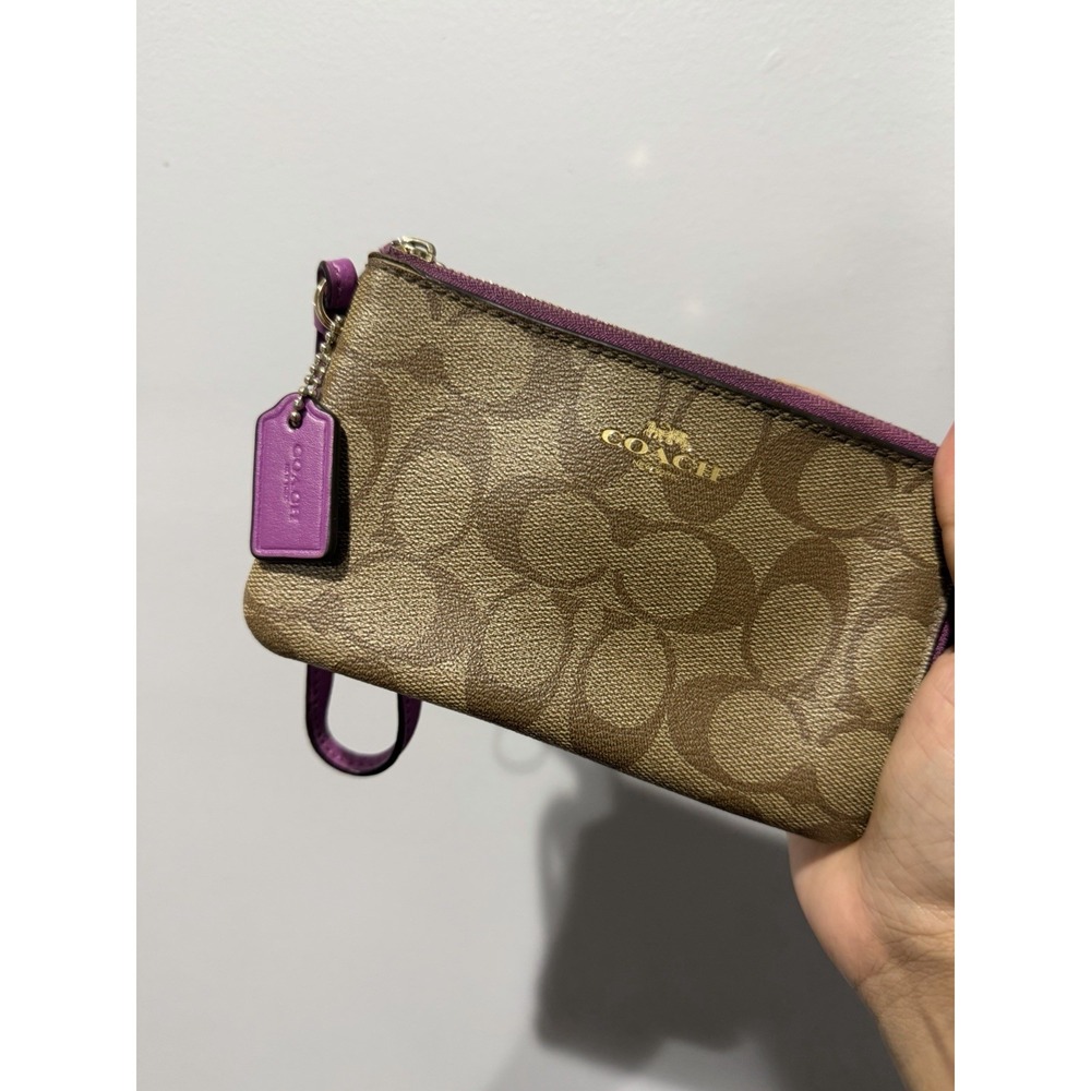 Coach Double Zip Large Wristlet Khaki /purple Signature P